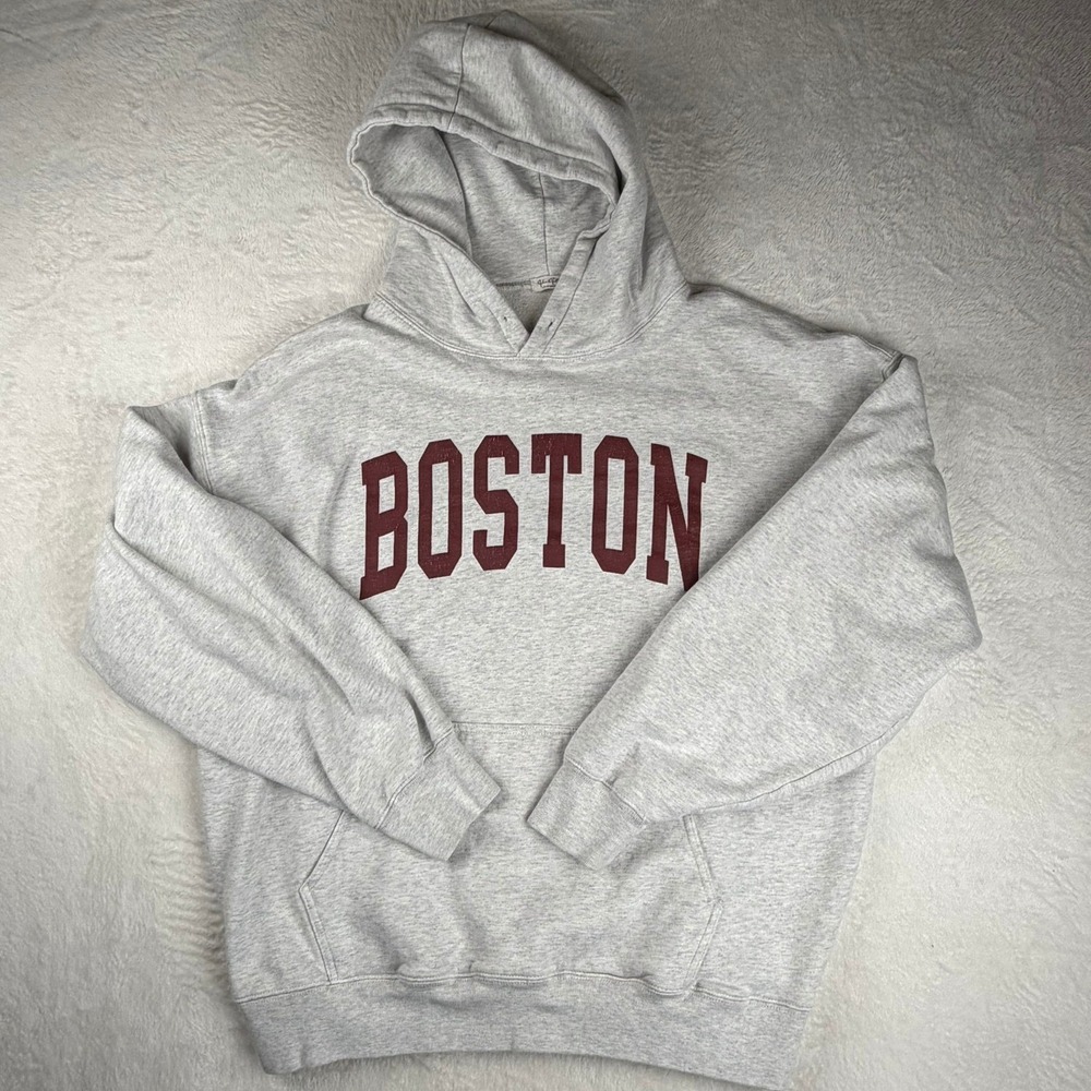 Boston Hoodie Heather Grey Oversized Sweatshirt, Large